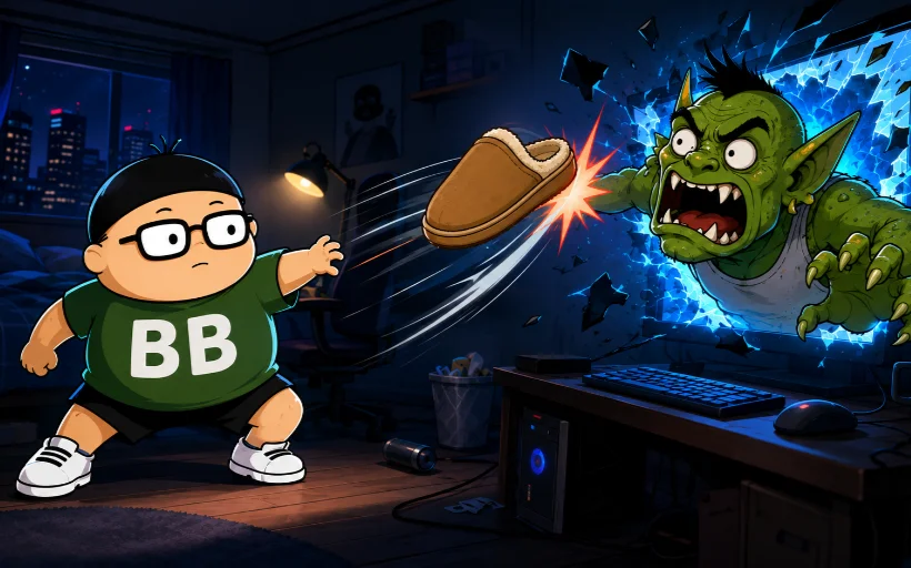 BB Gai's slipper auto-fighting waves of trolls bursting from his computer in FATD